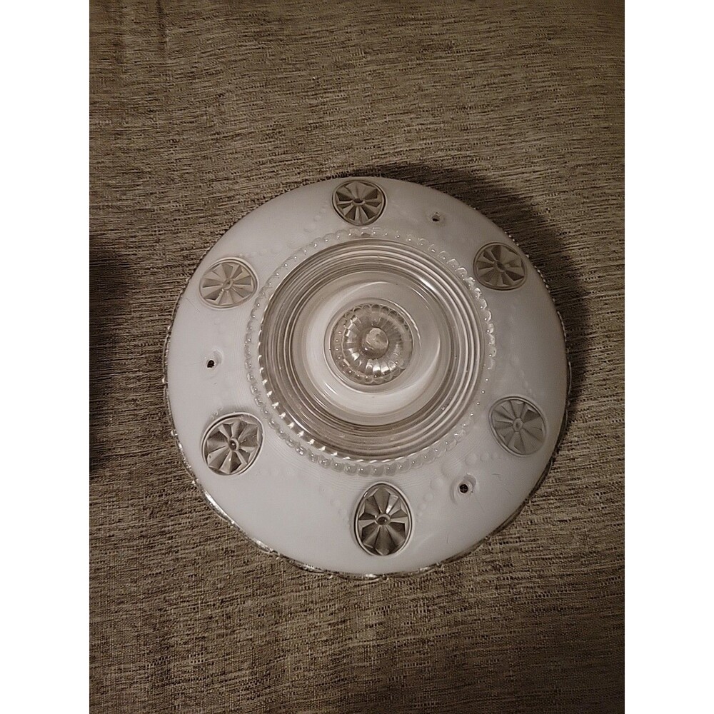 Vtg Frosted 3 Hole Beaded Glass Ceiling Light Shade Medallion Art Deco Style